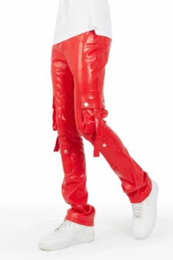 The Fresh Brand Shop 32 Errol Red Faux Leather Stacked Cargo Jean