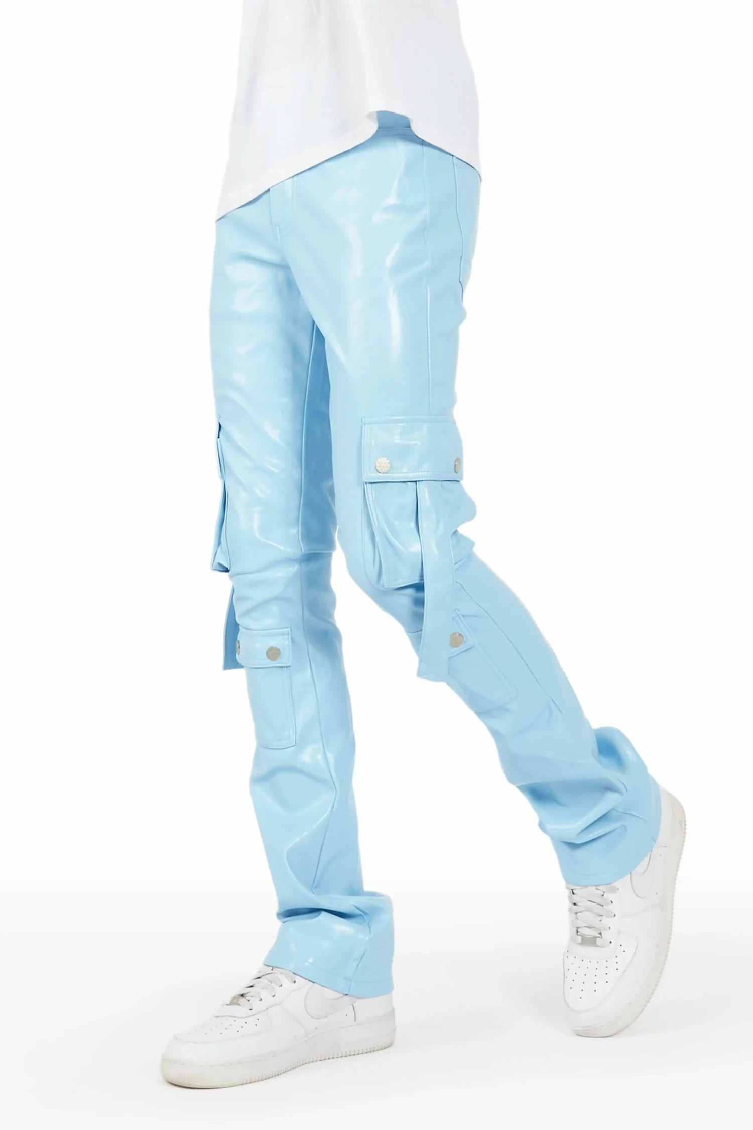 Errol Baby Blue Faux Leather Stacked Cargo Jean 1 Errol Baby Blue Faux Leather Stacked Cargo Jean