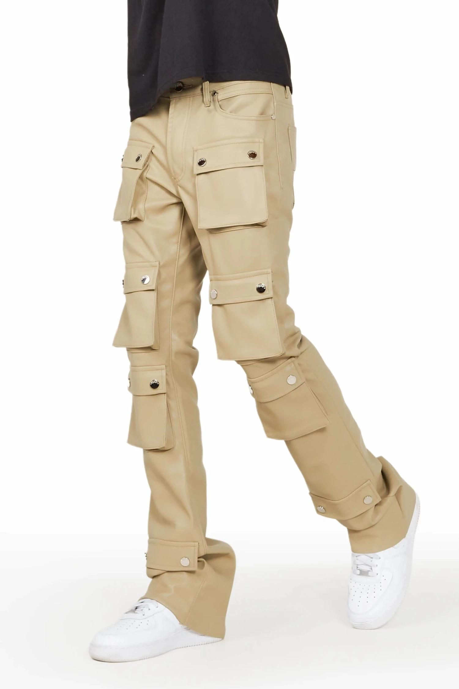 Remi Beige Faux Leather Stacked Flare Jean 1 Remi Beige Faux Leather Stacked Flare Jean