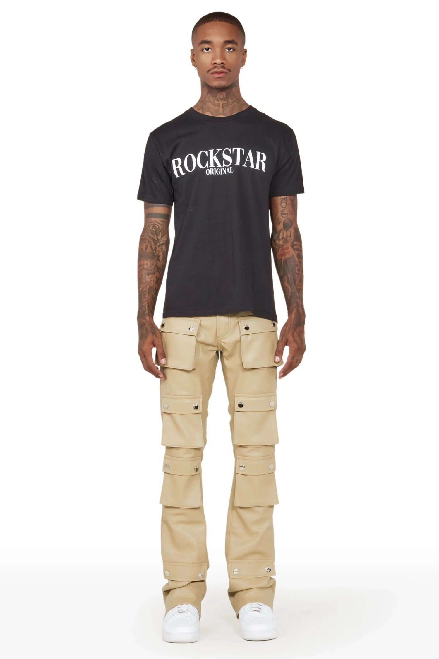 Remi Beige Faux Leather Stacked Flare Jean 2 Remi Beige Faux Leather Stacked Flare Jean - Image 2