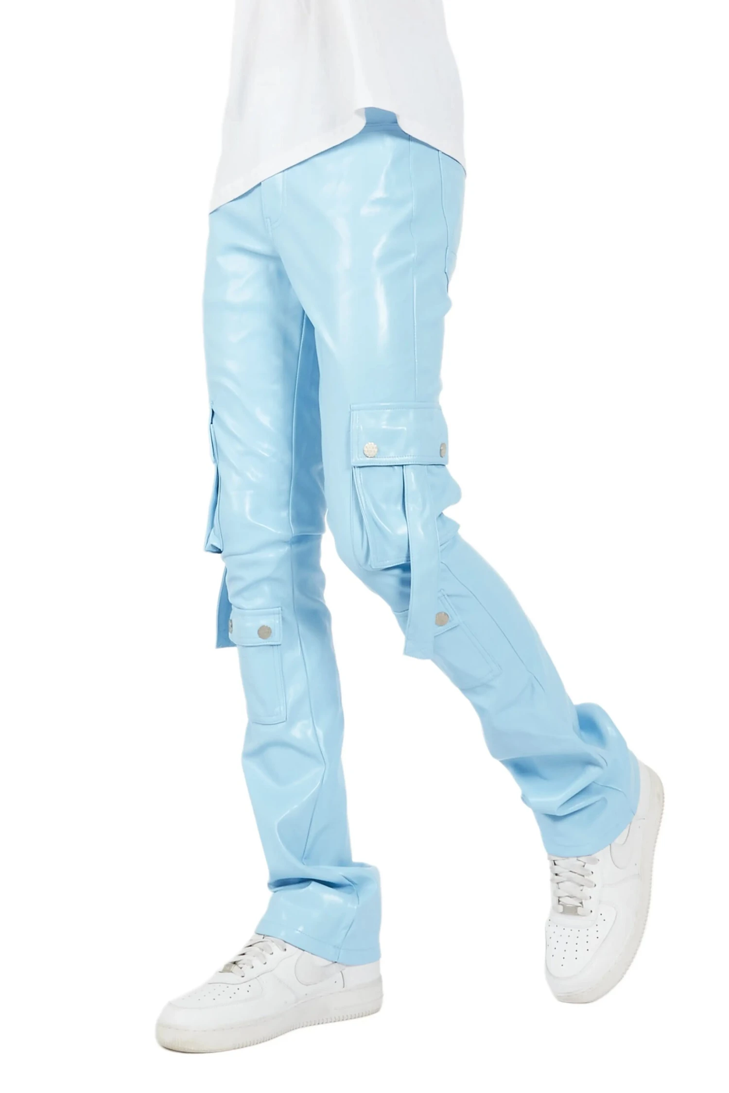 Errol Baby Blue Faux Leather Stacked Cargo Jean 9 Errol Baby Blue Faux Leather Stacked Cargo Jean - Image 9