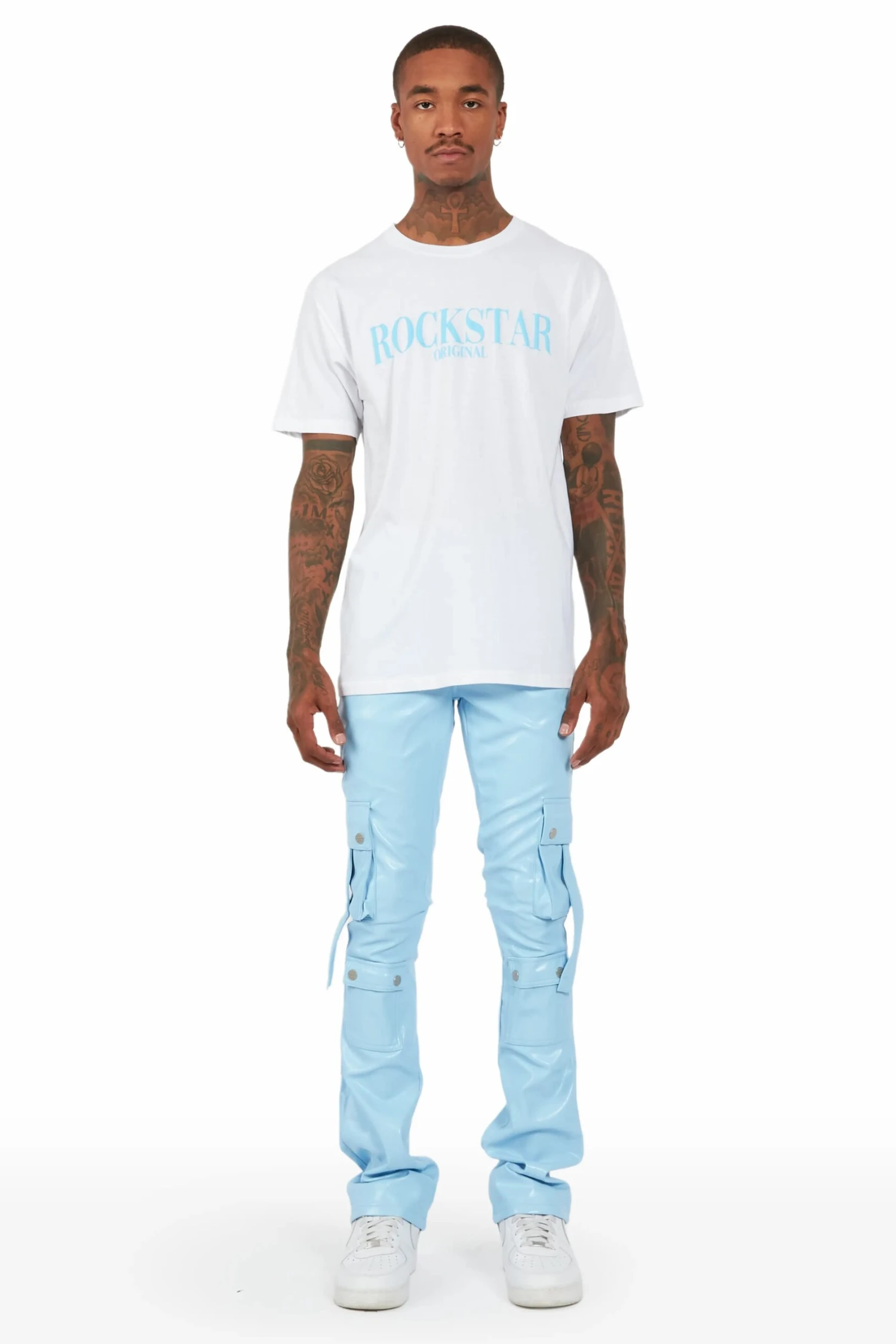 Errol Baby Blue Faux Leather Stacked Cargo Jean 3 Errol Baby Blue Faux Leather Stacked Cargo Jean - Image 3