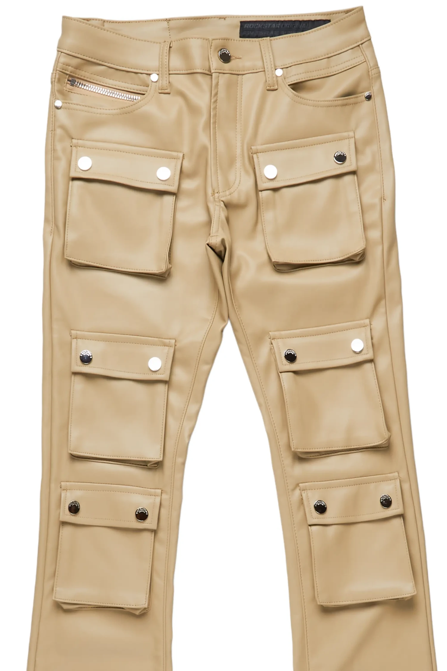 Remi Beige Faux Leather Stacked Flare Jean 7 Remi Beige Faux Leather Stacked Flare Jean - Image 7