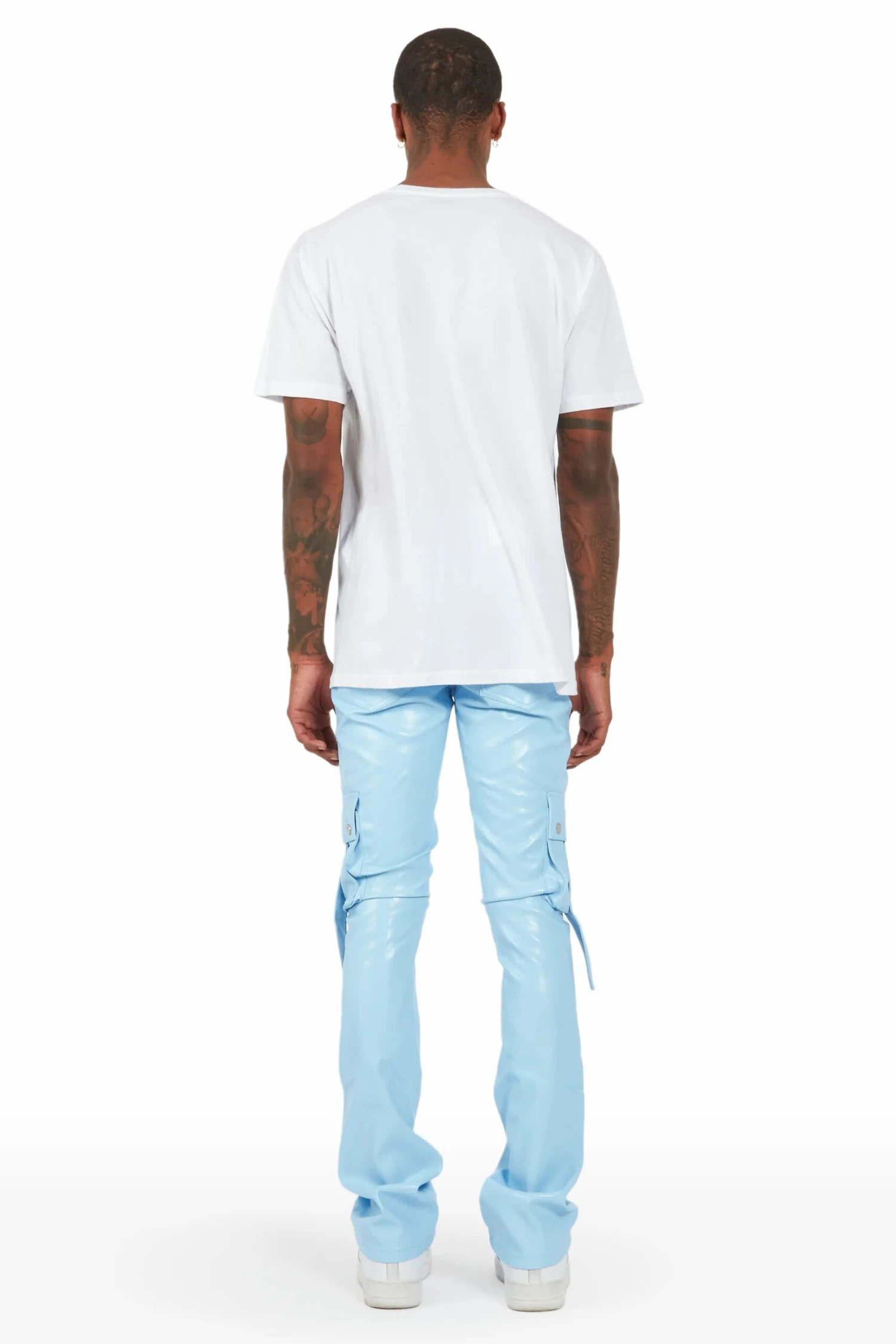 Errol Baby Blue Faux Leather Stacked Cargo Jean 5 Errol Baby Blue Faux Leather Stacked Cargo Jean - Image 5