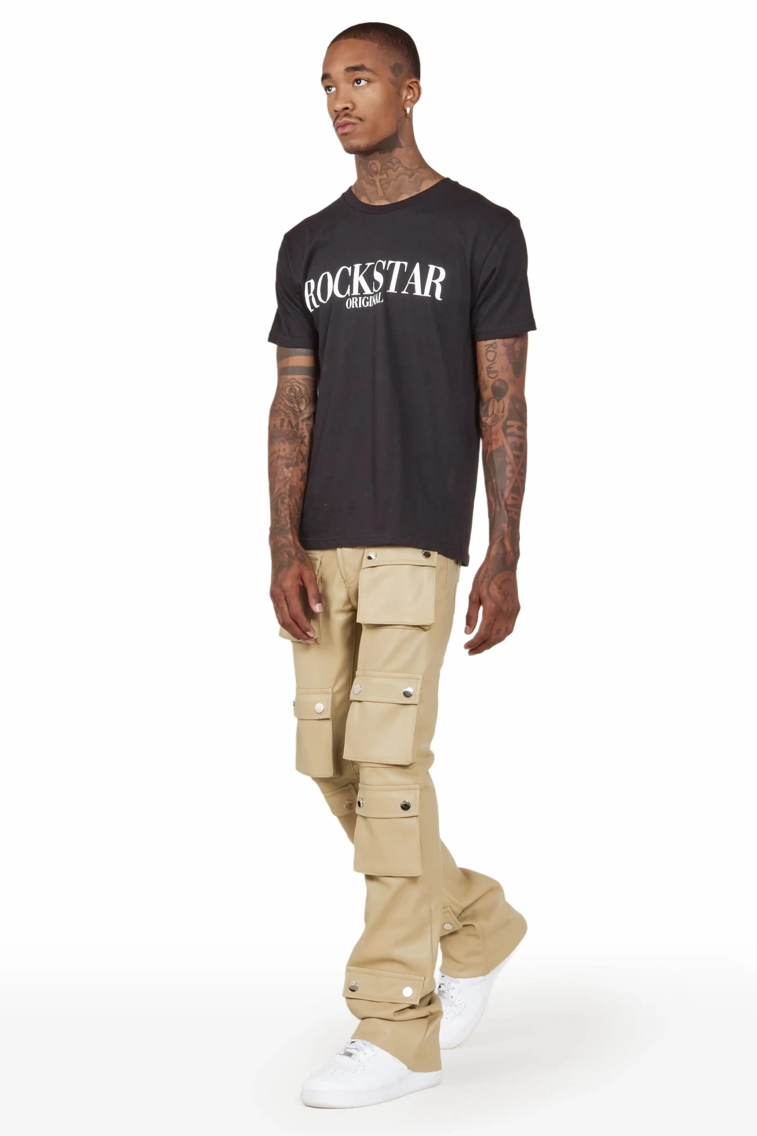 Remi Beige Faux Leather Stacked Flare Jean 5 Remi Beige Faux Leather Stacked Flare Jean - Image 5