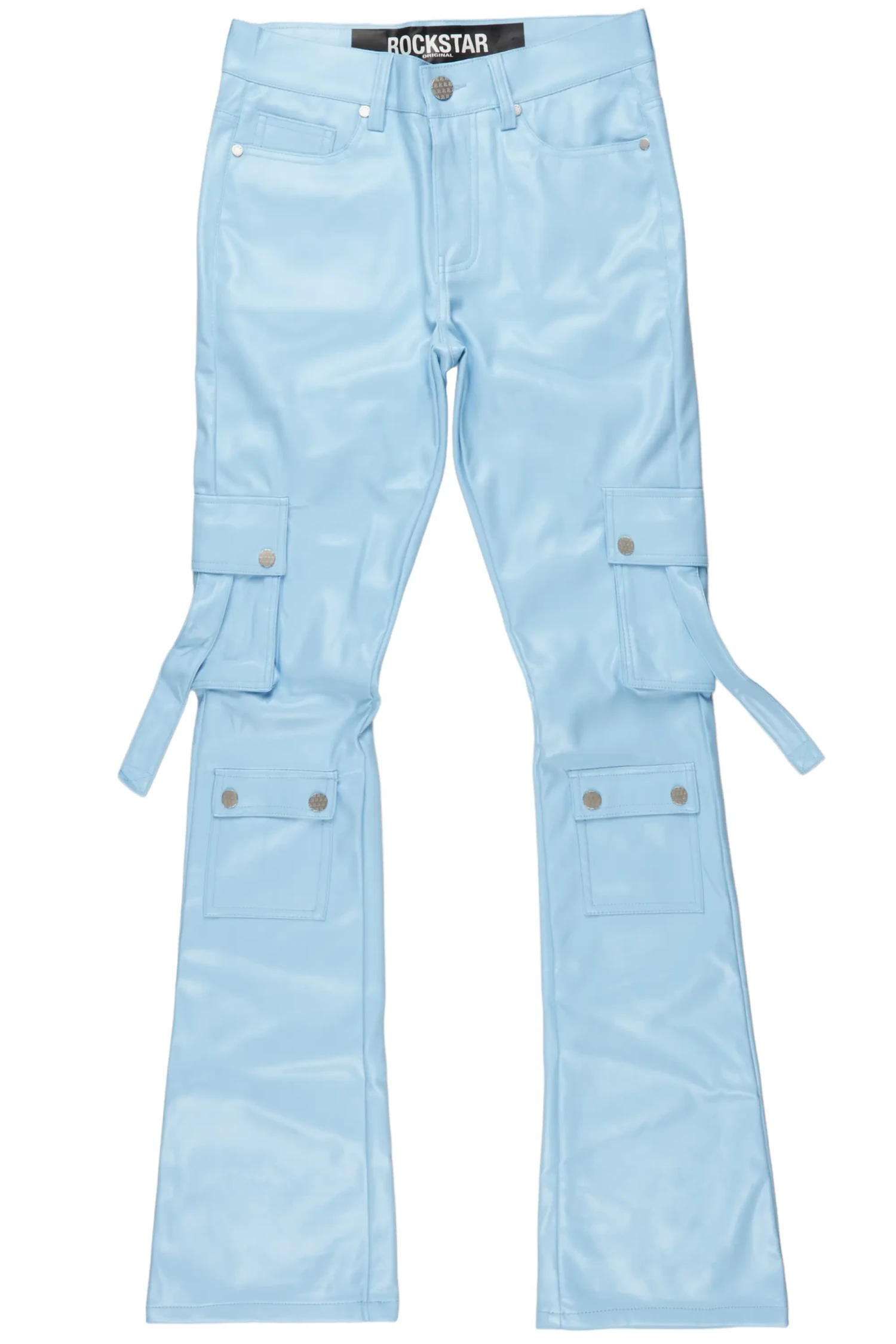 Errol Baby Blue Faux Leather Stacked Cargo Jean 2 Errol Baby Blue Faux Leather Stacked Cargo Jean - Image 2