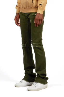 Rebel Olive Stacked Flare Jean